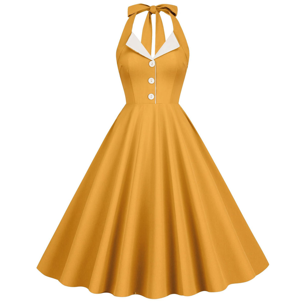 50S Contrast Vintage Turn-down Collar Backless Halter Neck Dress Romantic Holiday Date Flare Cocktail Dress Bridesmaid Dress