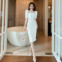 Load image into Gallery viewer, Celebrity Cocktail Dress Contrast 3D Flower Sleeve Beaded White Slim Pencil Dress
