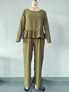 Solid Long Sleeve Ruffle Top Wide Leg Ankle Length Pants Two Piece Set