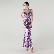 Load image into Gallery viewer, Draped Tassel Sequin Deep V Neck Backless Mermaid Evening Dress
