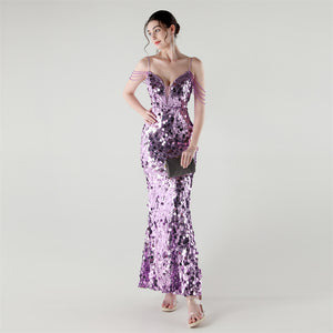 Draped Tassel Sequin Deep V Neck Backless Mermaid Evening Dress