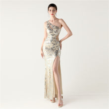 Load image into Gallery viewer, One Shoulder Cutout Slit Sequin Evening Dress
