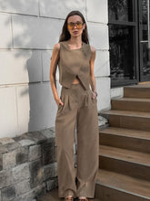 画像をギャラリービューアに読み込む, Women Khaki Sleeveless Waistcoat Pants Two Piece Sets
