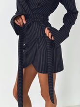 Load image into Gallery viewer, Vintage V Neck Long Sleeve Belted Stripe Wrap Tie Dress

