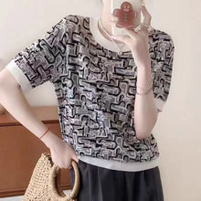画像をギャラリービューアに読み込む, 柄入りラウンドネックTシャツ 夏用 アイスファイバー オーバーサイズ プルオーバー ニットトップ
