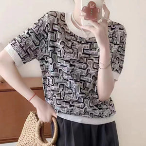 柄入りラウンドネックTシャツ 夏用 アイスファイバー オーバーサイズ プルオーバー ニットトップ