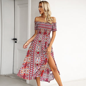 Off Shoulder Floral Printed Flare Midi Bohemian Dress