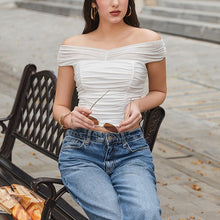 Cargar imagen en el visor de la galería, Tulle V Neck Backless Ruched Off Shoulder Crop Top
