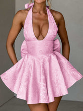 Load image into Gallery viewer, Jaquard Halter Neck Tie Mini Flare Dress

