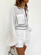 画像をギャラリービューアに読み込む, Women Cotton Linen Black White Contrast Shirt Shorts Two Piece Set
