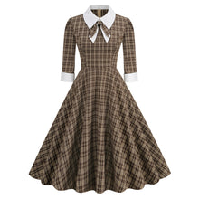 Load image into Gallery viewer, Vintage England Style Plaid Contrast Shirt Collar Bow Tie Long Sleeve Flare Midi Dress
