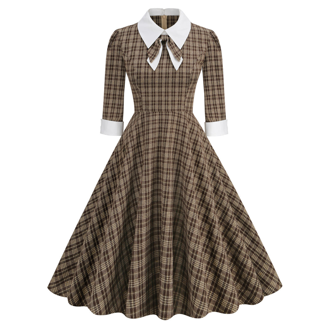 Vintage England Style Plaid Contrast Shirt Collar Bow Tie Long Sleeve Flare Midi Dress
