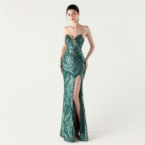 Slim Beaded Sequin Strapless Evening Dress