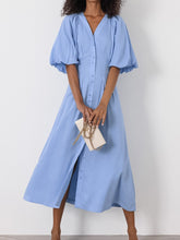 画像をギャラリービューアに読み込む, Relaxed-Fit Linen Cotton Puff Sleeve Midi Dress
