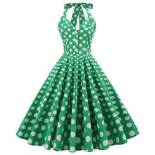 Load image into Gallery viewer, Vintage High Waist Turn-down Collar Polka Dot Holiday Banquet Halter Neck Backless Sexy Big Flare Midi Dress
