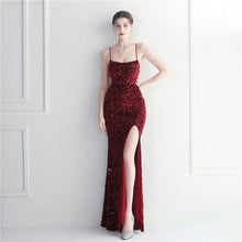 Load image into Gallery viewer, Velvet Sequin Halter Neck Spaghetti Nightclub Long Mermaid Evening Dress
