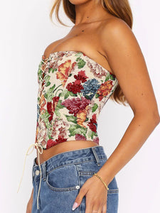 Asymmetrical Strapless Tied Printed Boning Corset Crop Top