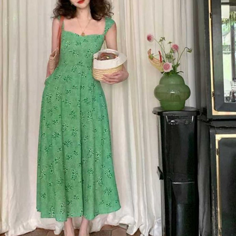 Green Slim French Style Square Neck Jacquard Floral Slip Midi Dress