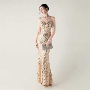 Deep V Neck Scale Sequin Mermaid Evening Dress