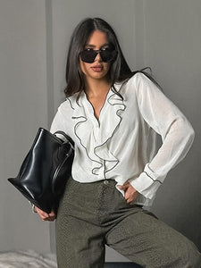 OL Contrast Ruffle V Neck Blouse