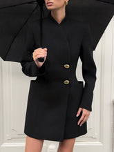 Load image into Gallery viewer, Black Two Button Diagonal Placket V Neck Blazer Dress
