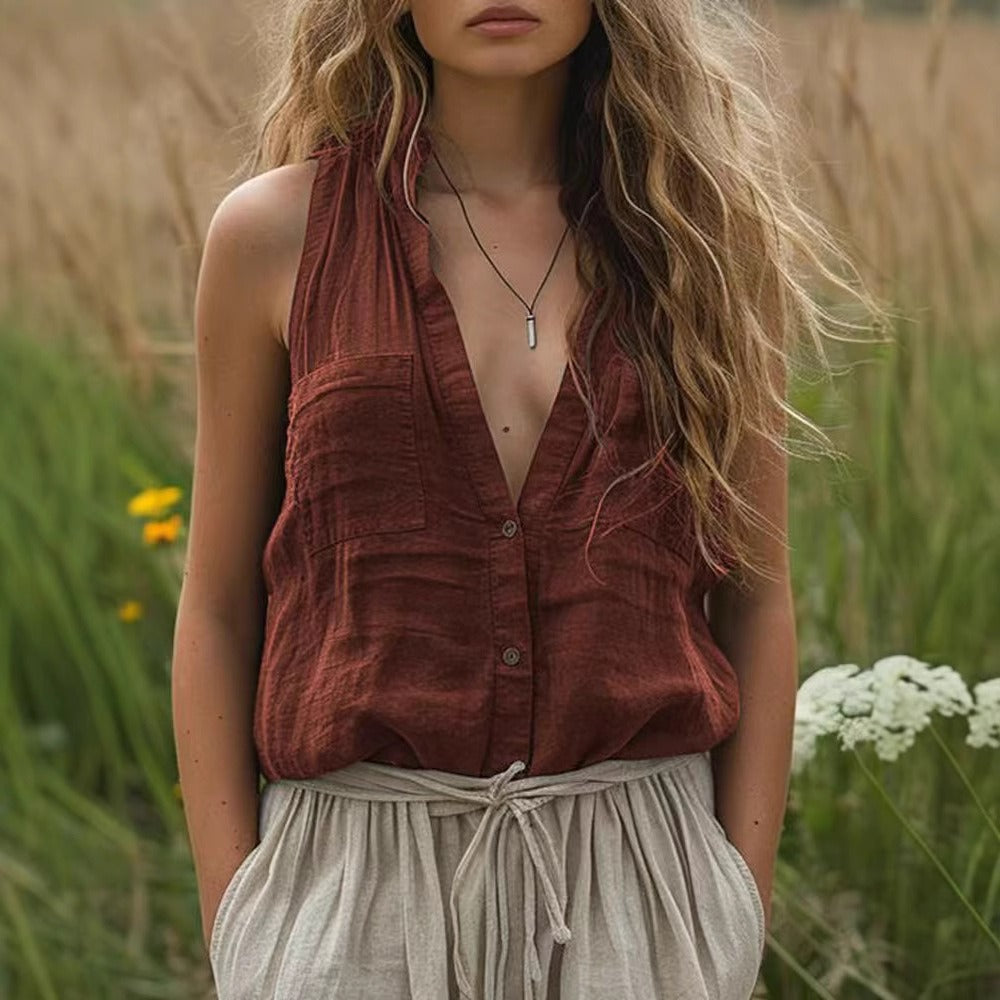 Oversized Sleeveless Cotton Linen V Neck Pocket Top