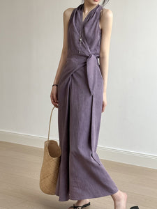 French Style Vintage V Neck Halter Belted Dress