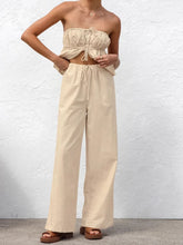Charger l&#39;image dans la galerie, Cotton Linen Khaki Strapless Top+Wide Leg Pants Two Piece Set
