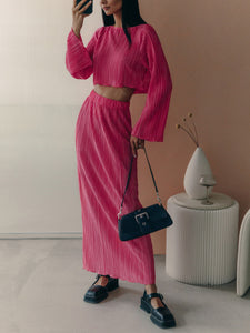 Pleated Flare Sleeve Crop Top + Pencil Skirt Two Piece Set