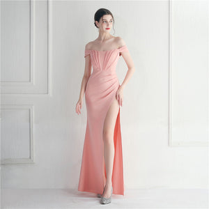 Off Shoulder High Slit Nightclub Wedding Banquet Evening Dress