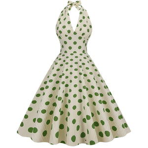 Vintage High Waist Polka Dot Holiday Banquet Cocktail Dress Halter Neck Backless Sexy Fit Flare Midi Dress