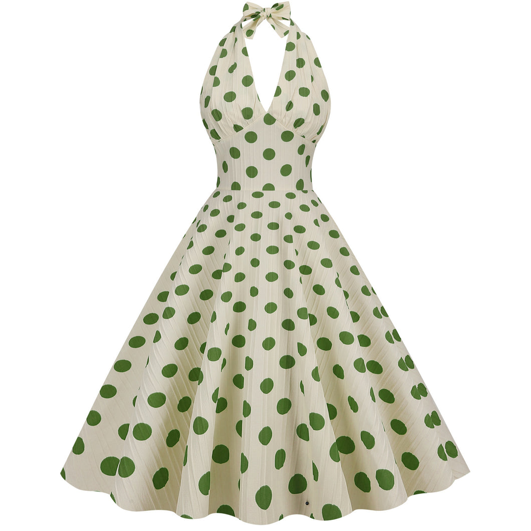 Vintage High Waist Polka Dot Holiday Banquet Cocktail Dress Halter Neck Backless Sexy Fit Flare Midi Dress