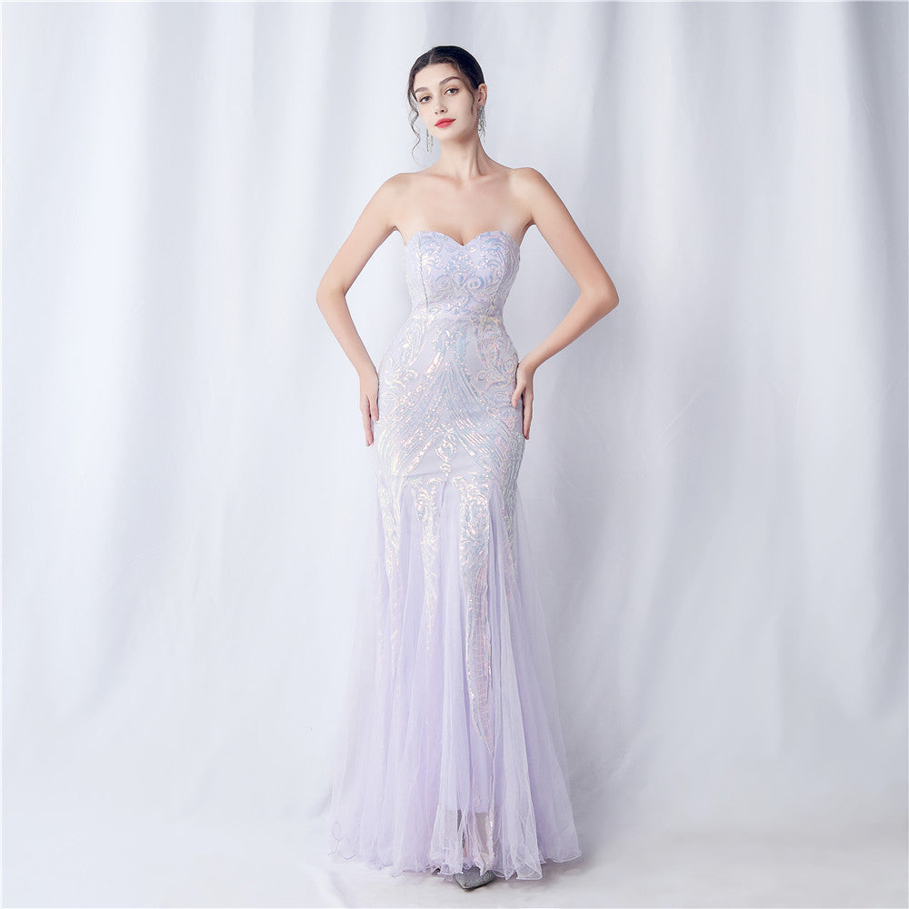 Positional Embroidery Tulle Sequin Evening Dress