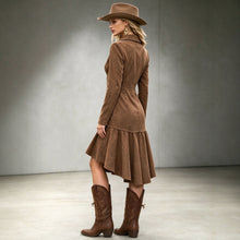 Laden Sie das Bild in den Galerie-Viewer, Women Western Faux Suede Dress, Lapel Fitted Irregular Ruffled High-Low Midi Dress
