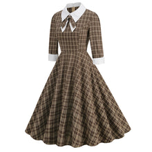 Load image into Gallery viewer, Vintage England Style Plaid Contrast Shirt Collar Bow Tie Long Sleeve Flare Midi Dress
