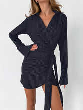 Load image into Gallery viewer, Vintage V Neck Long Sleeve Belted Stripe Wrap Tie Dress
