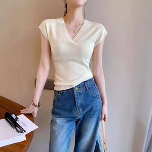 ホワイト Vネック 半袖 ニットトップ アイスファイバー サマー フライングスリーブ Tシャツ