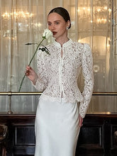 Load image into Gallery viewer, Stand Collar Slim Lace Cutout Puff Sleeve Blouse
