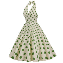 Load image into Gallery viewer, Vintage High Waist Polka Dot Holiday Banquet Cocktail Dress Halter Neck Backless Sexy Fit Flare Midi Dress
