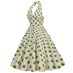 Vintage High Waist Polka Dot Holiday Banquet Cocktail Dress Halter Neck Backless Sexy Fit Flare Midi Dress