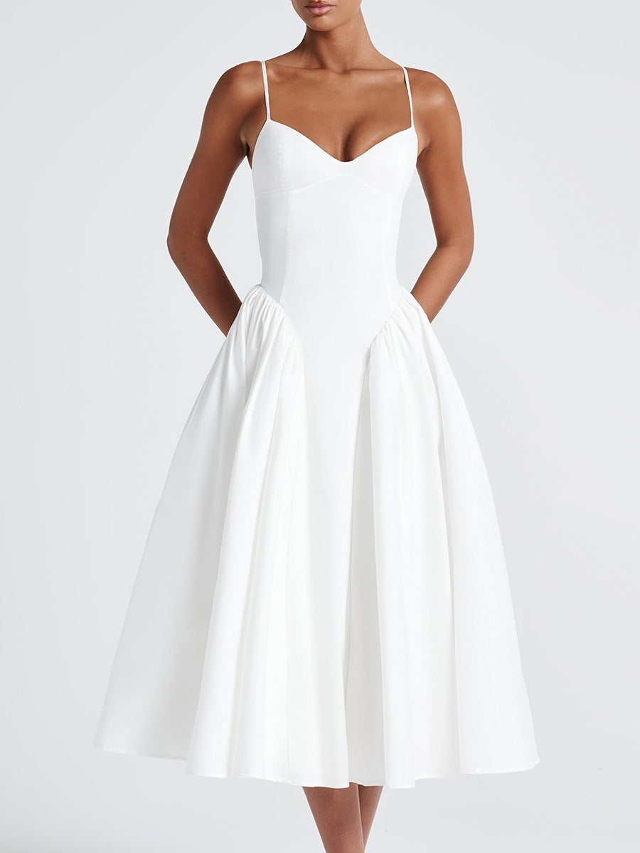 V Neck Spaghetti Backless Flare Midi Dress