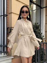 Cargar imagen en el visor de la galería, Stand Collar Tie Bow Long Sleeve Frilled Mini Dress
