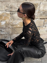 Cargar imagen en el visor de la galería, Black Lace Round Neck Long Sleeve T Shirt See Through Cutout Base Top
