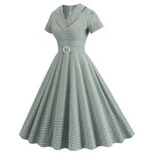 Vintage England Style Plaid Notched Collar Tie Short Sleeve High Waist Elegant Big Flare Midi Dress