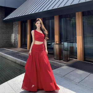 White Holiday Dress One Shoulder Cutout Waist Maxi Flare Fairy Dress
