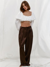 Load image into Gallery viewer, White Imitated Acetate Square Neck Satin Frill Sleeve Crop Blouse
