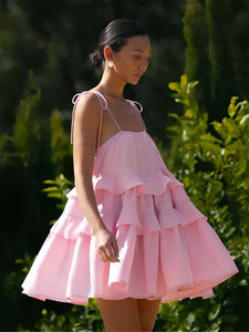 Spaghetti Tie Bow Backless Flared Mini Tiered Dress