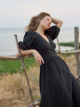 画像をギャラリービューアに読み込む, Cotton Puff Sleeve Wrap Tie Dress
