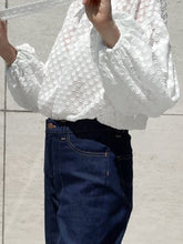 Load image into Gallery viewer, White Polka Dot Jacquard Lace Puff Sleeve OL Bow Neck Blouse
