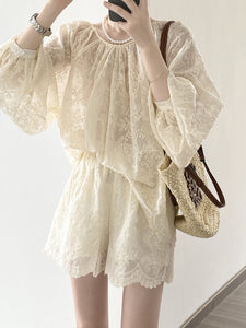 Embroidered Lace Blouse + Shorts Two Piece Set